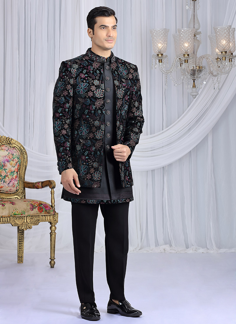 Black Velvet Silk Embroidered Sequins Zari Indowestern Sherwani