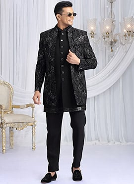 Black Velvet Silk Embroidered Sequins Zari Indowestern Sherwani
