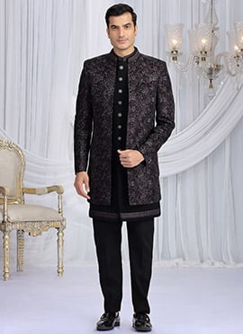 Black Velvet Silk Embroidered Sequins Zari Indowestern Sherwani