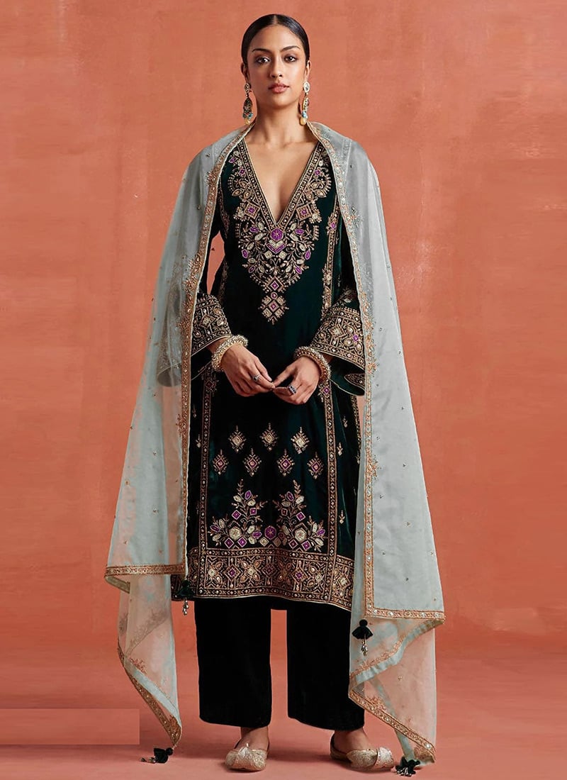 Black Velvet Zari And Embroidered Sequins Straight Pant Suit Festive Wear
