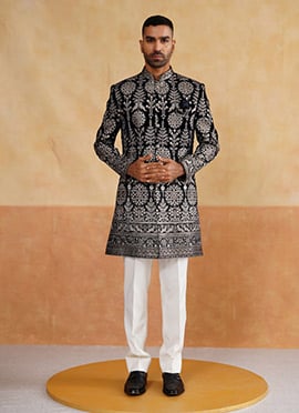 Black Velvet Zari Embroidered Sequins Indowestern Sherwani