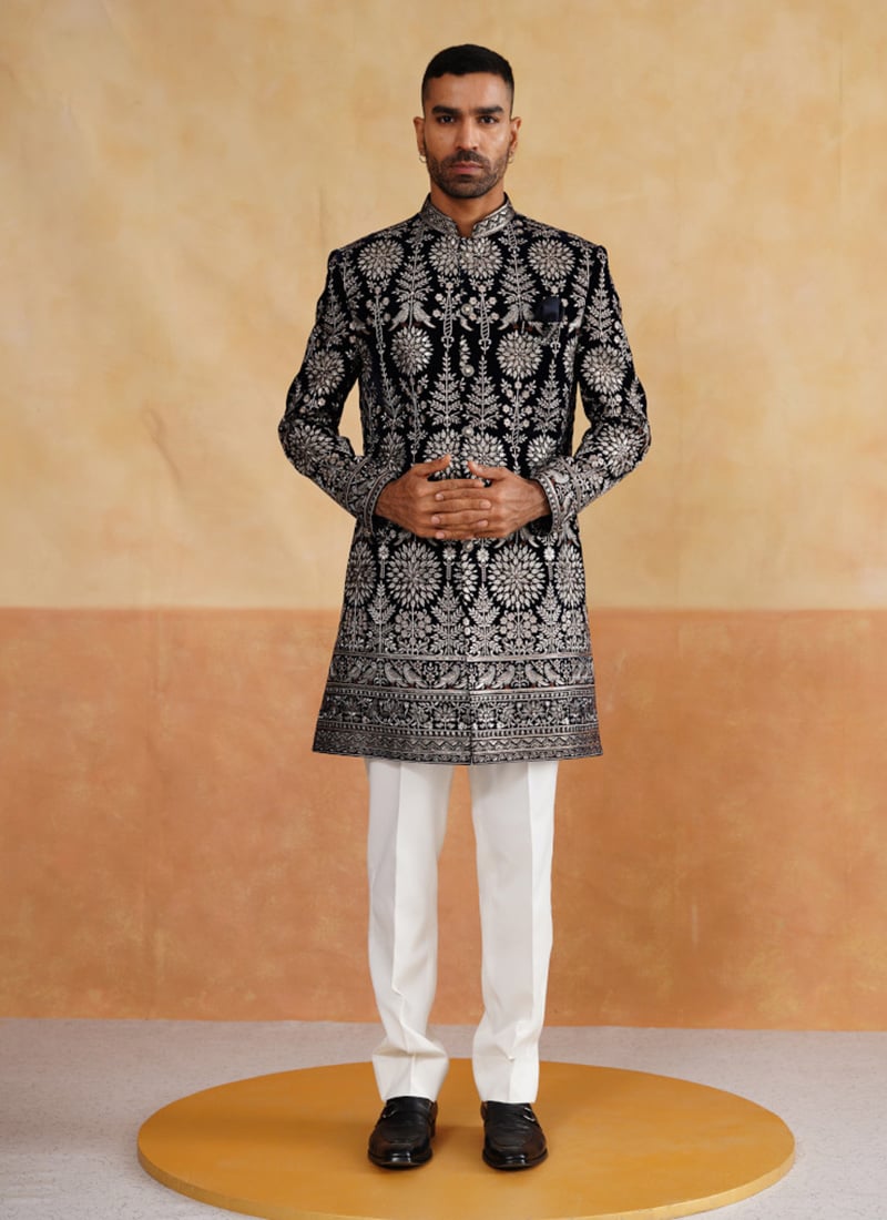 Black Velvet Zari Embroidered Sequins Indowestern Sherwani Wedding Wear