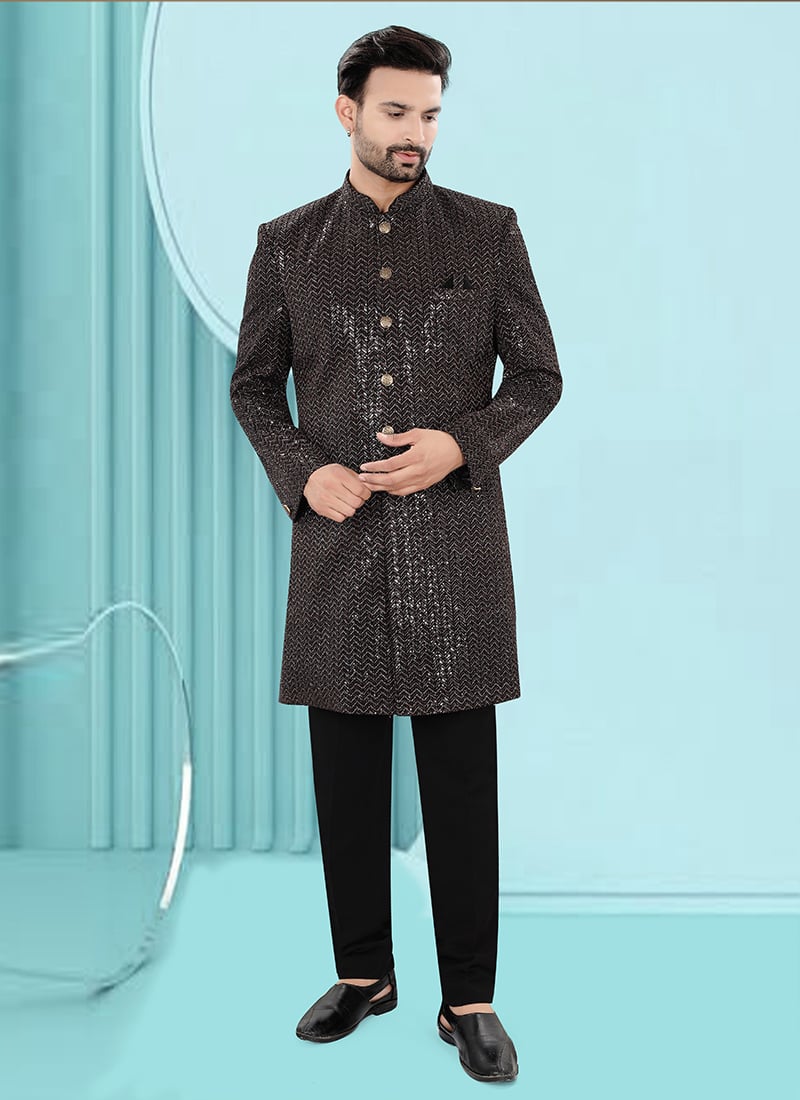 Black Velvet Zari Embroidered Sequins Indowestern Sherwani Wedding Wear