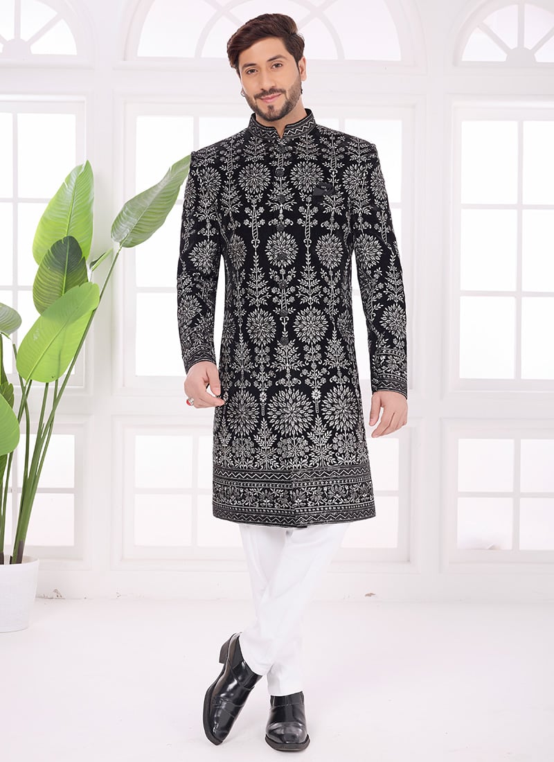Black Velvet Zari Embroidered Sequins Indowestern Sherwani Wedding Wear