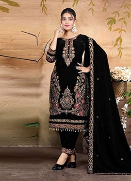 Black Velvet Zari Embroidered Sequins Thread Straight Pant Suit
