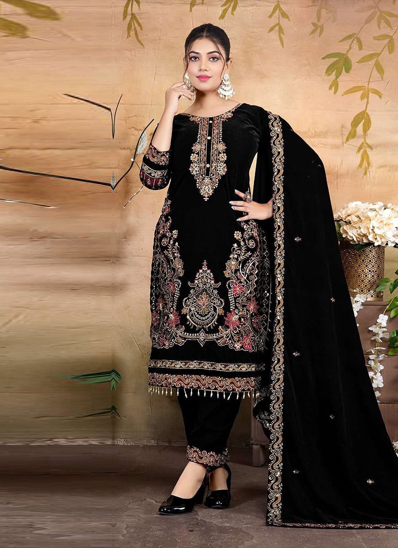 Black Velvet Zari Embroidered Sequins Thread Straight Pant Suit Festive Wear