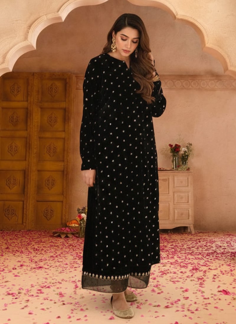 Black Velvet Zari Sequins Palazzo Suit Festive Wear