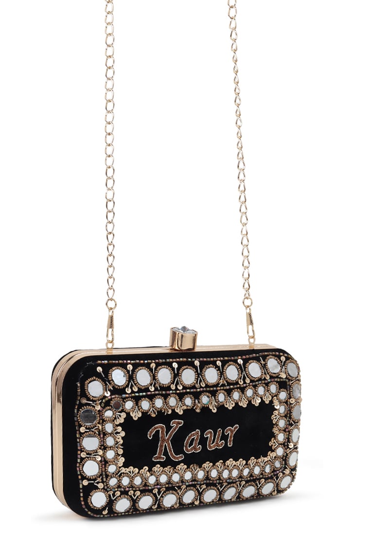Black Vevet Mirror And Beads Work Sequins Clutch.