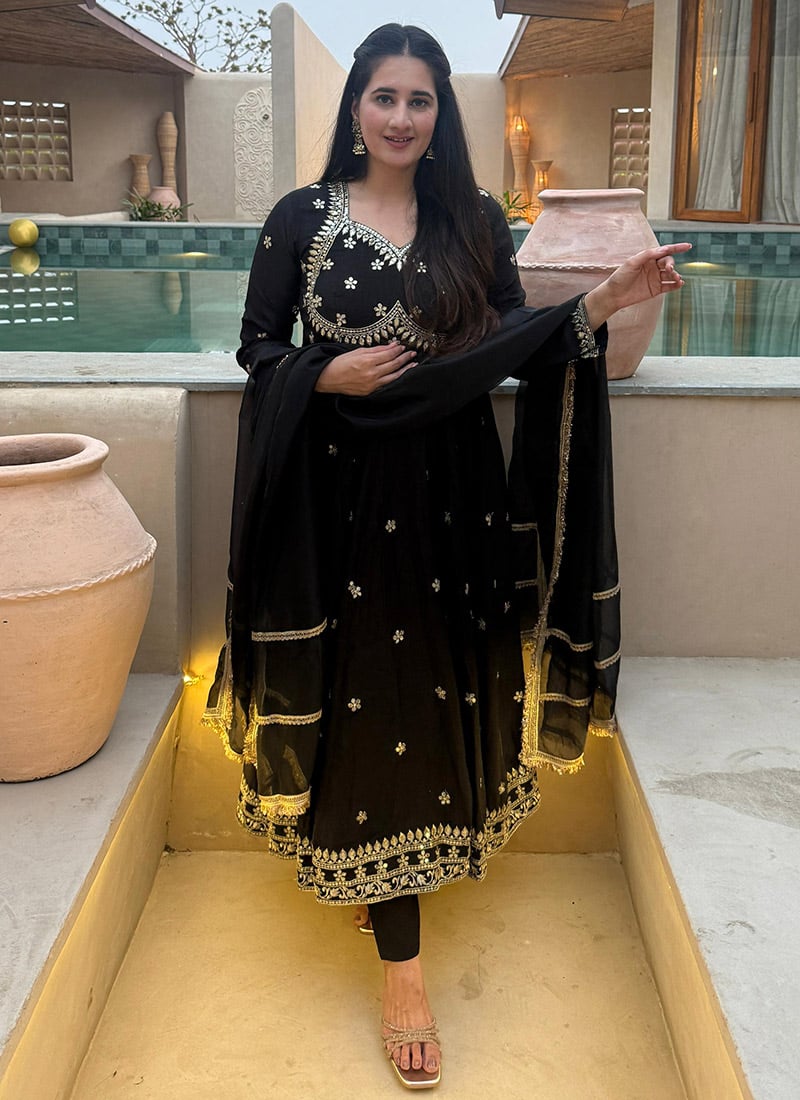 Black Vichitra Silk Embroidered Anarkali Suit After Six Wear