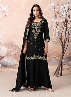 Black Vichitra Silk Embroidered Sequins Palazzo Suit