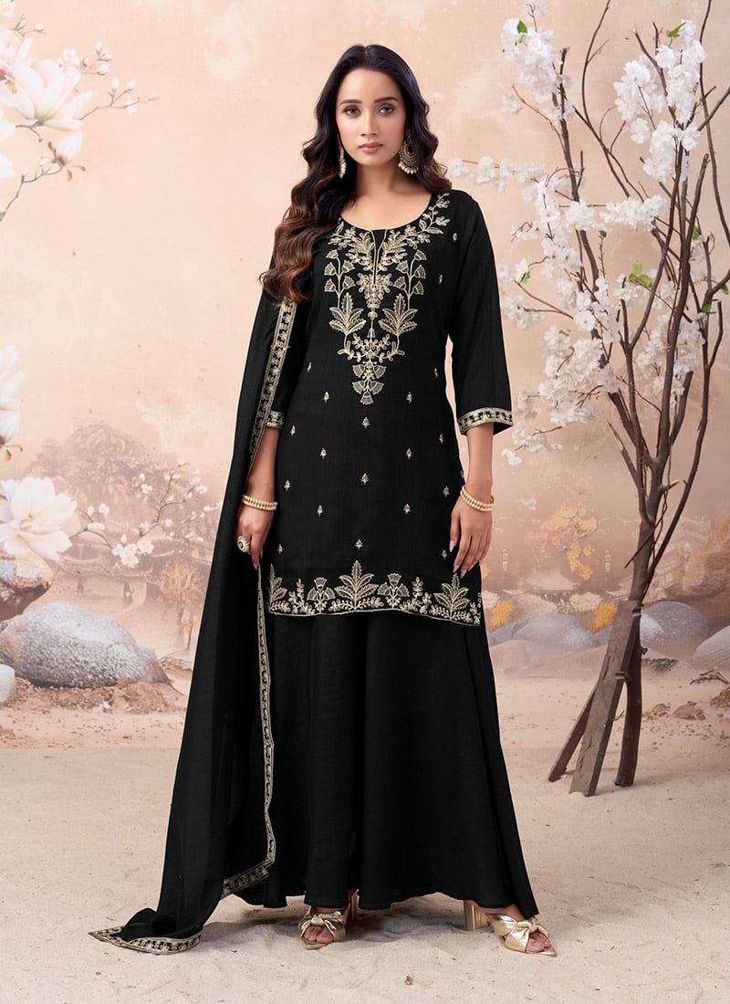 Black Vichitra Silk Embroidered Sequins Palazzo Suit After Six Wear