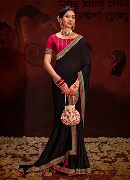 Black Vichitra Silk Embroidered Sequins Saree
