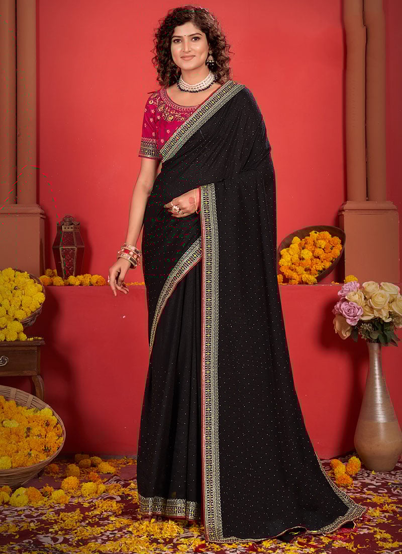 Black Vichitra Silk Embroidered Sequins Saree Festive Wear