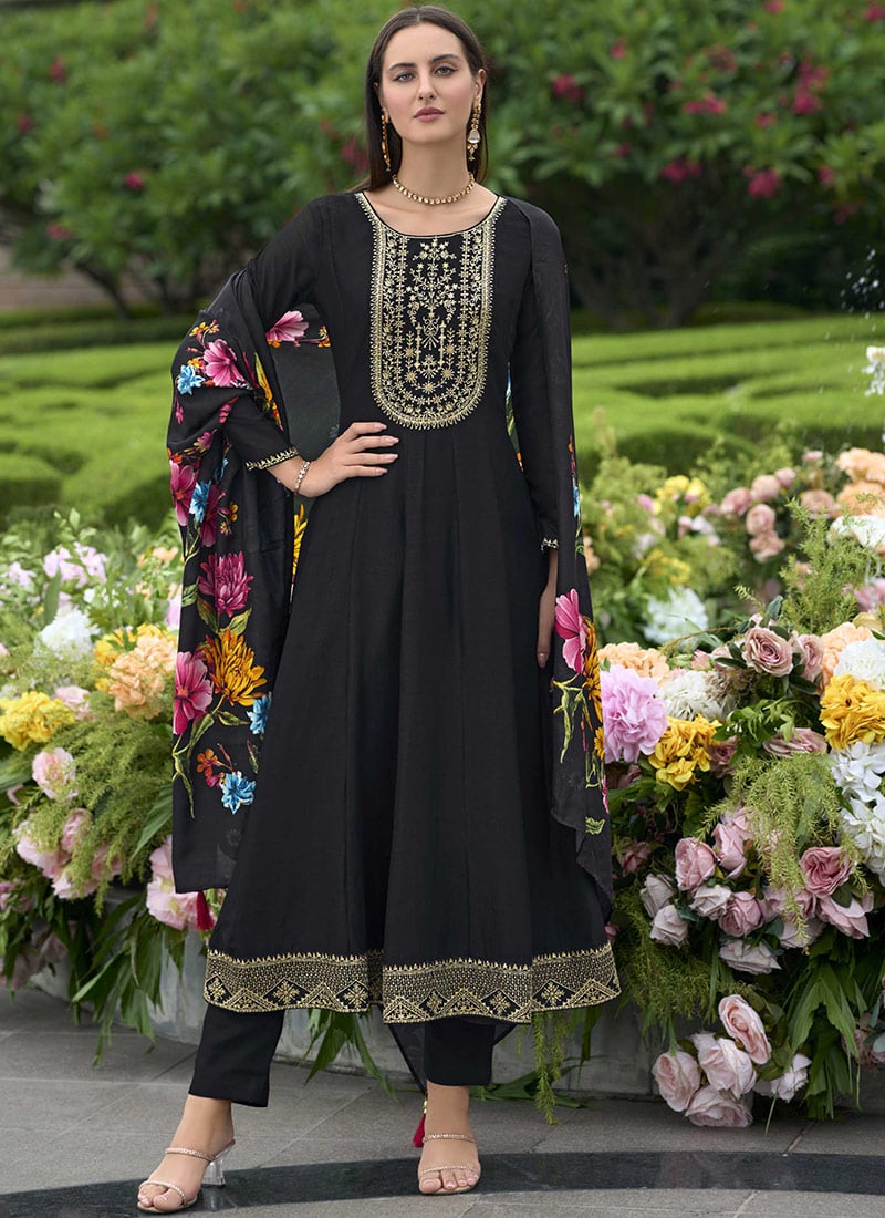 Black Vichitra Silk Embroidered Sequins Straight Pant Suit With Floral Digital Print Dupatta Festive Wear
