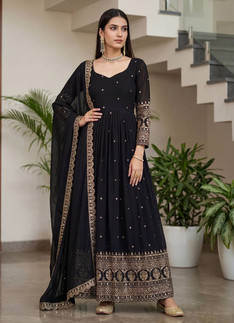 Black Vichitra Silk Embroidered Sequins Zari Anarkali Suit Festive Wear