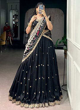 Black Vichitra Silk Sequins And Embroidered Lehenga