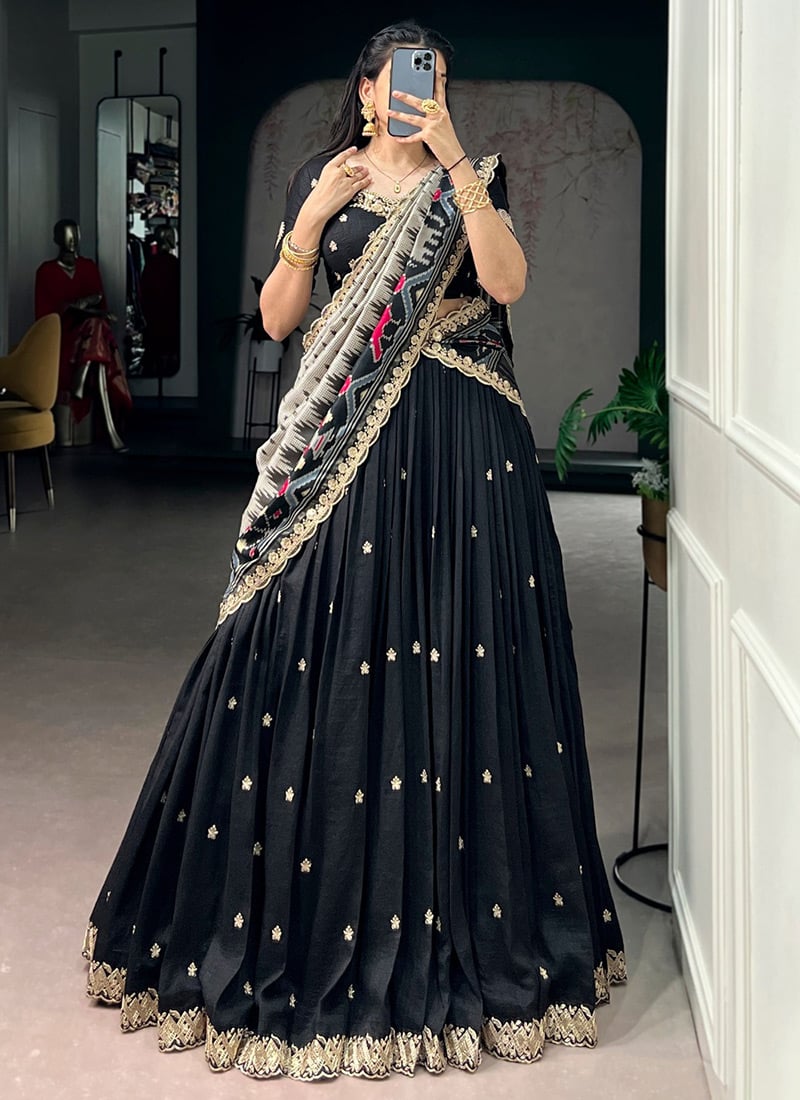 Black Vichitra Silk Sequins And Embroidered Lehenga Festive Wear