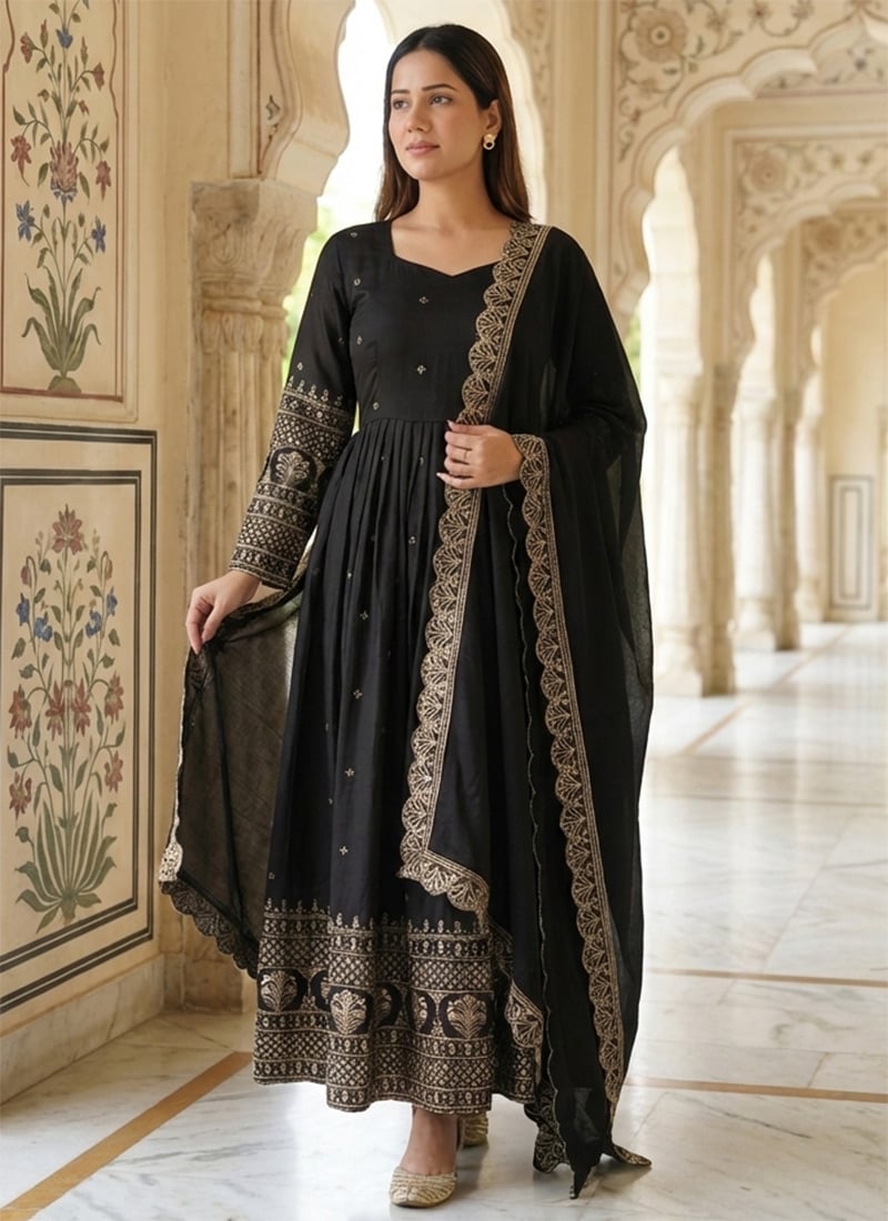 Black Vichitra Silk Zari Embroidered Sequins Anarkali Suit Festive Wear
