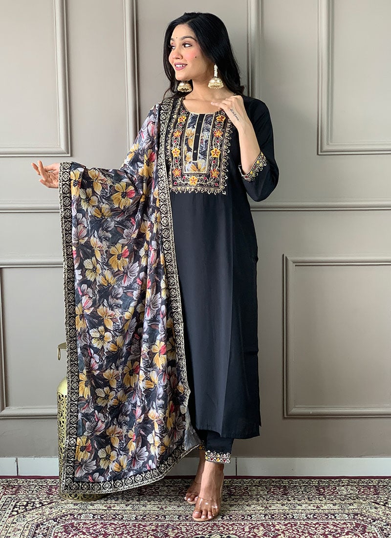 Black Viscose Chanderi Embroidered Straight Pant Suit Festive Wear