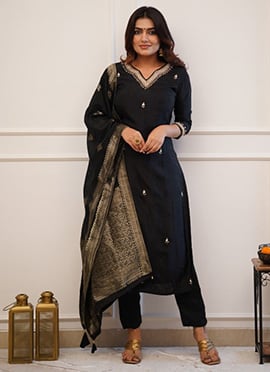 Black Viscose Chanderi Embroidered Straight Pant Suit With Jacquard Dupatta