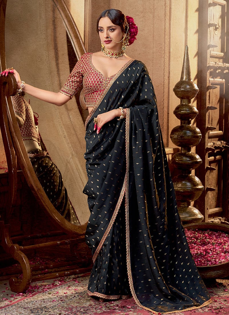 Black Viscose Crepe Zari Embroidered Sequins Saree