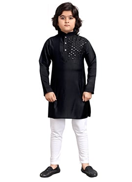 Black Viscose Embroidered Thread Kids Boys Kurta Pyjama