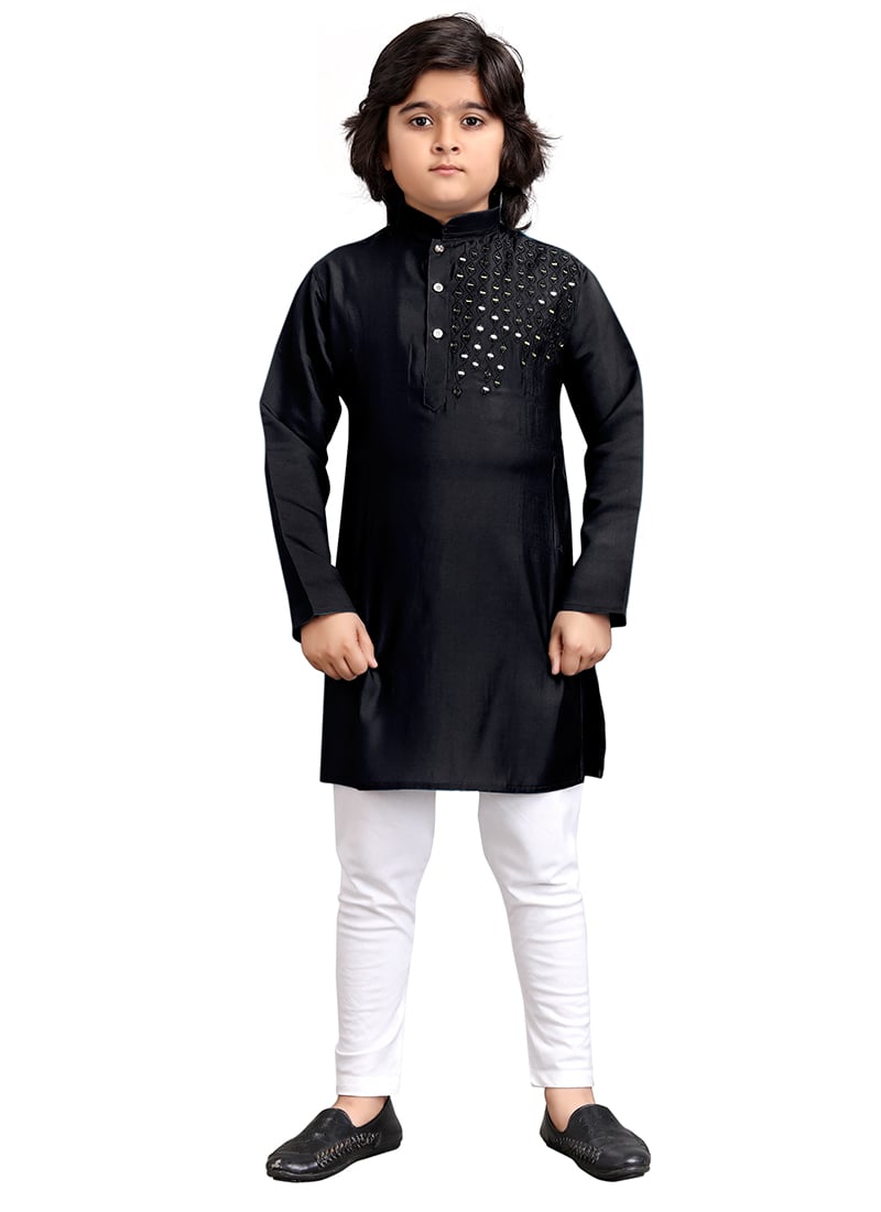 Black Viscose Embroidered Thread Kids Boys Kurta Pyjama Festive Wear