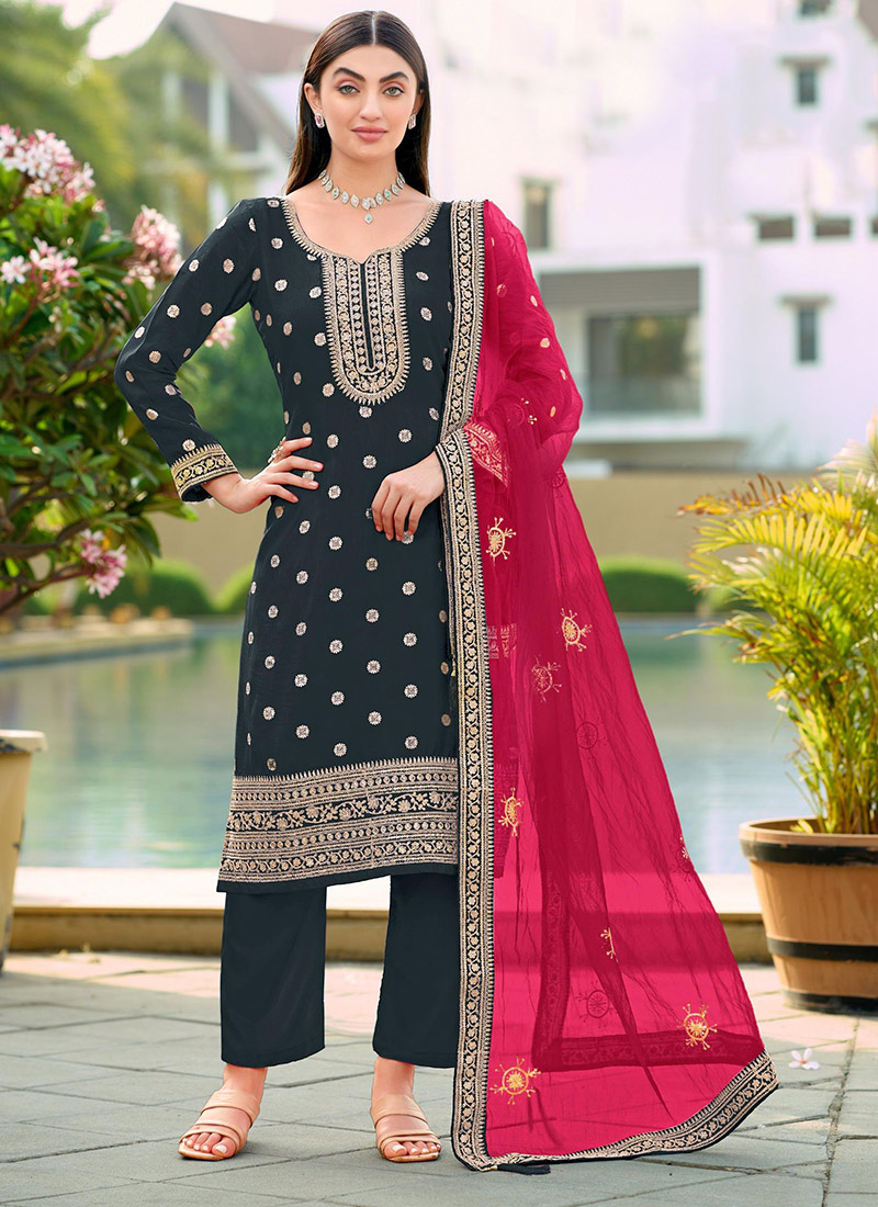 Black Viscose Jacquard Embroidered Sequins Straight Pant Suit Festive Wear