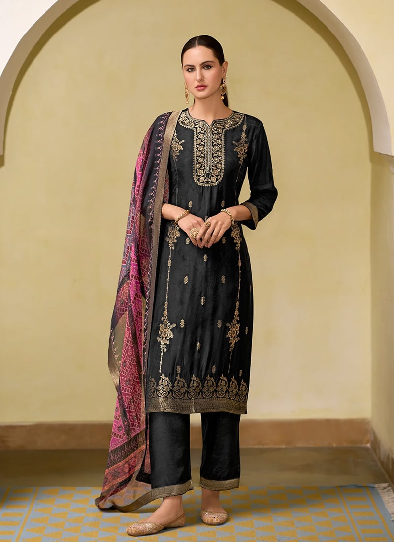 Black Viscose Jacquard Sequins Straight Pant Suit Festive Wear