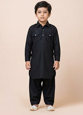 Black Viscose Kids Boys Pathani Set