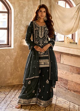 Black Viscose Organza Embroidered Sequins Palazzo Suit