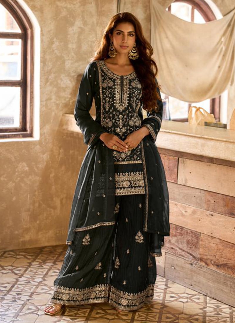 Black Viscose Organza Embroidered Sequins Palazzo Suit Festive Wear