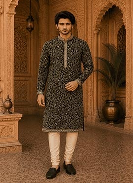 Black Viscose Rayon Embroidered Kurta For Men