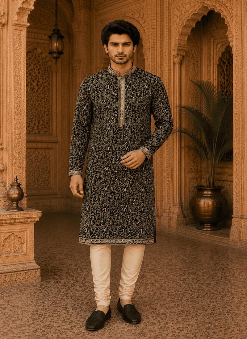 Black Viscose Rayon Embroidered Kurta For Men