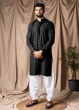 Black Viscose Rayon Embroidered Kurta Pyjama
