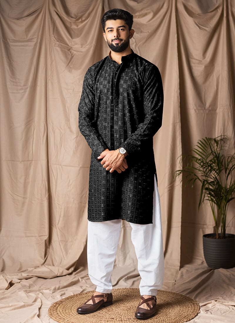 Black Viscose Rayon Embroidered Kurta Pyjama Festive Wear
