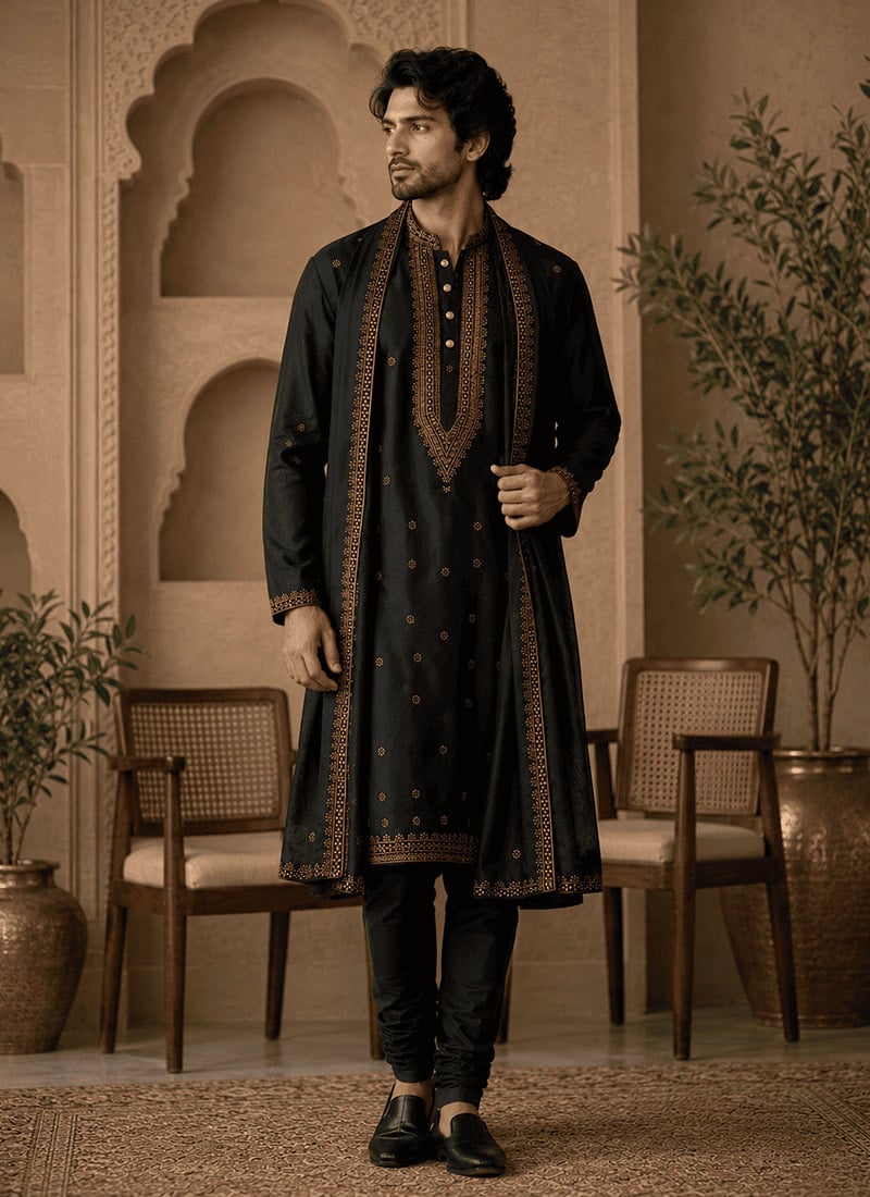 Black Viscose Rayon Embroidered Kurta With Stole For Men