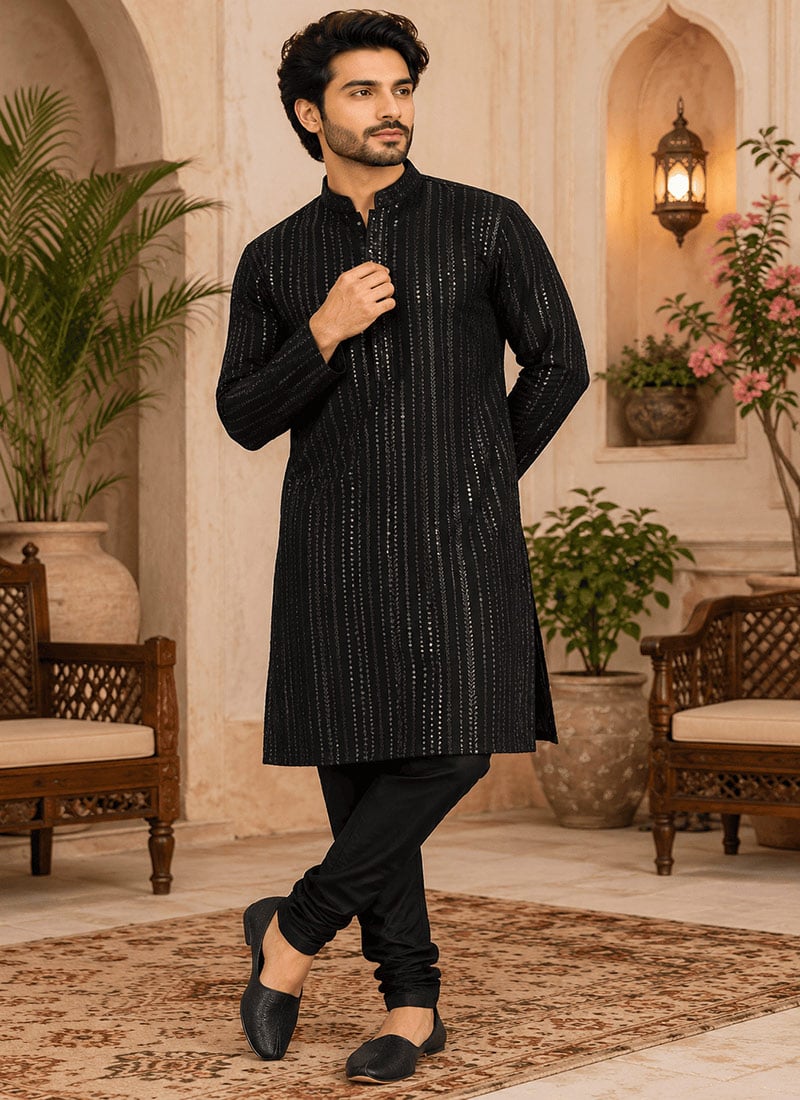 Black Viscose Rayon Embroidered Sequins Kurta For Men