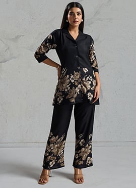 Black Viscose Rayon Floral Print Co Ord Set