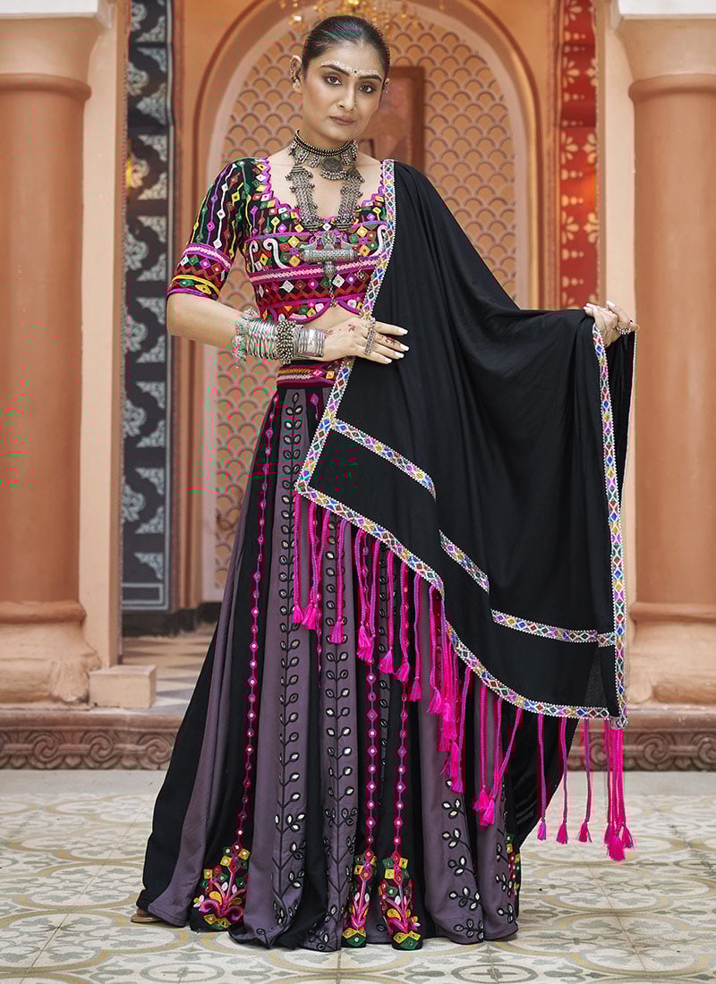 Black Viscose Rayon Kutch Work Cultural Wear Chaniya Choli  Festive Wear