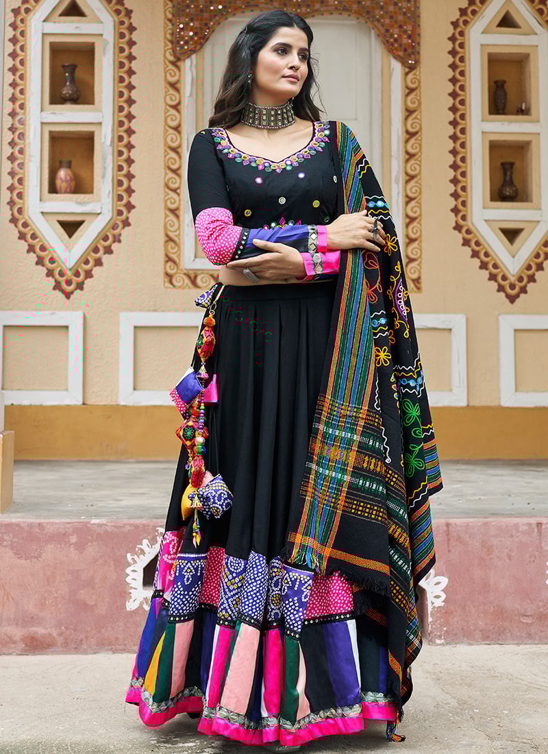 Black Viscose Rayon Printed Embroidered Kutch Work Traditional Chaniya Choli