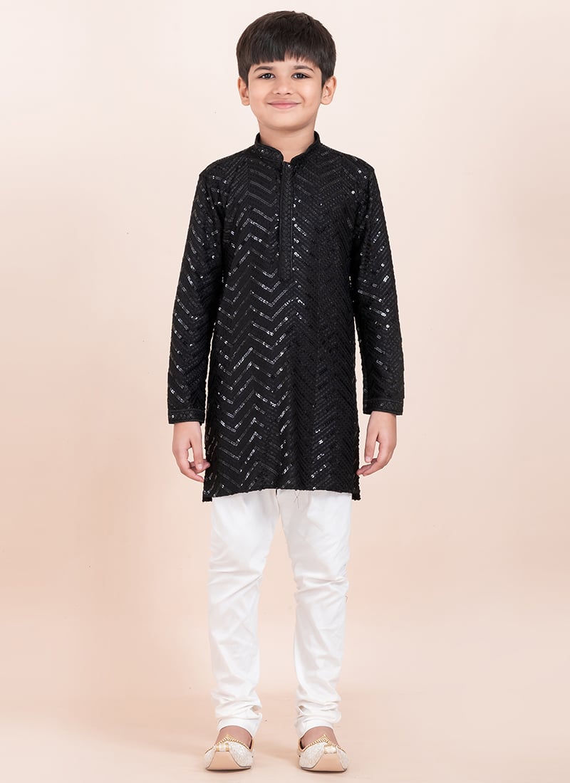 Black Viscose Rayon Sequins Kids Boys Kurta Pyjama Festive Wear