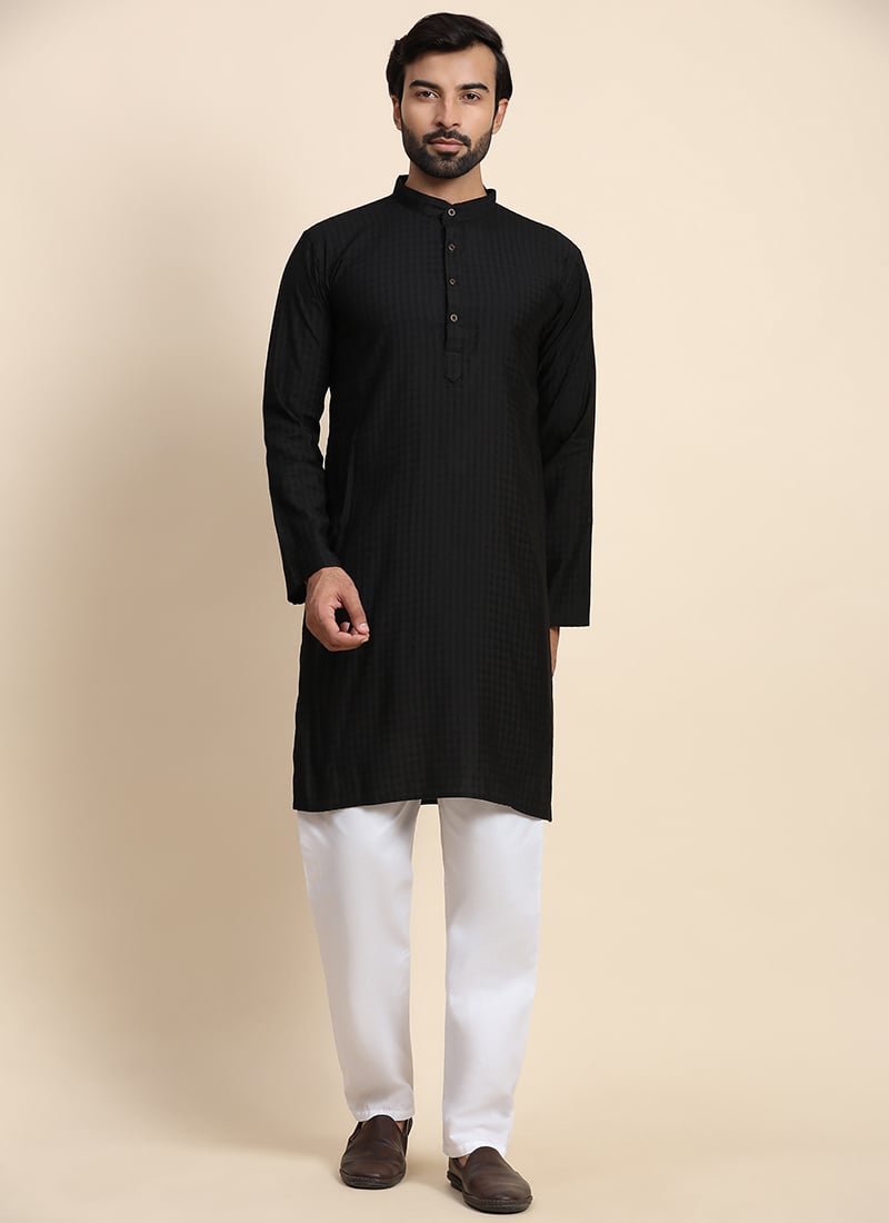 Black Viscose Rayon Weaved Kurta