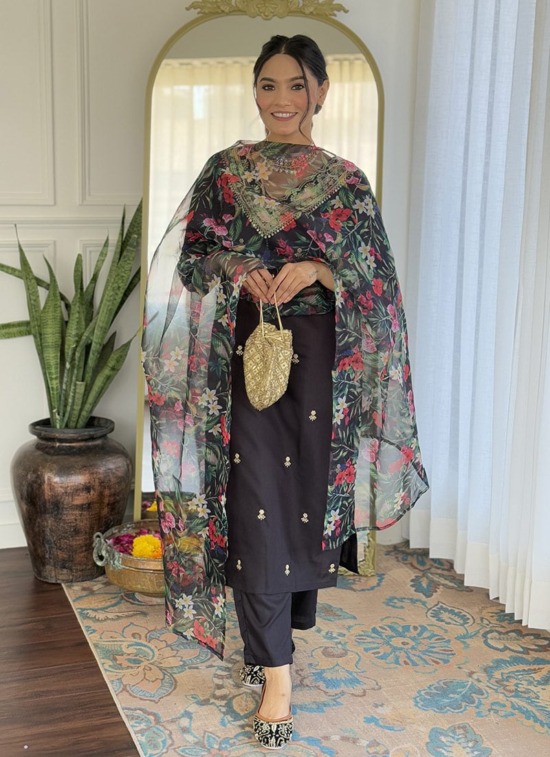 Black Viscose Rayon Zari Embroidered Sequins Straight Pant Suit With Digital Print Dupatta