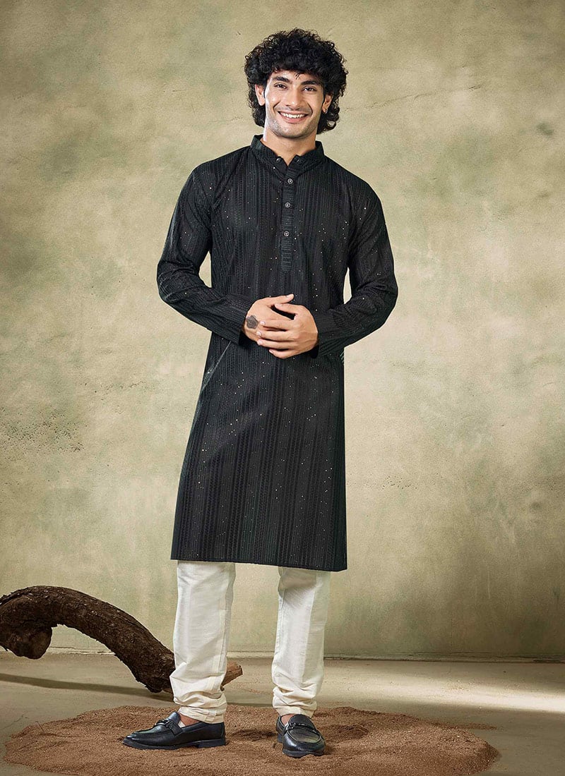 Black Viscose Sequins Kurta Pyjama