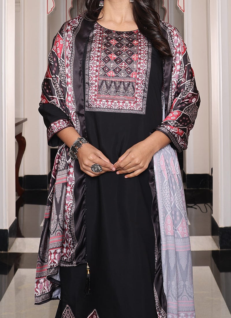 Plus Size Black Embroidered Viscose Straight Suit Set With Dupatta