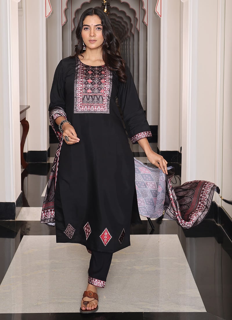 Black Viscose Shimmer Beads And Sequins Hand Work Straight Pant Suit With Digital Print Dupatta