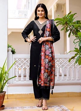 Black Viscose Shimmer Embroidered With Beads Work Straight Pant Suit