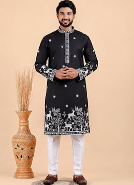 Black Viscose Silk Embroidered Kurta Pyjama For Men