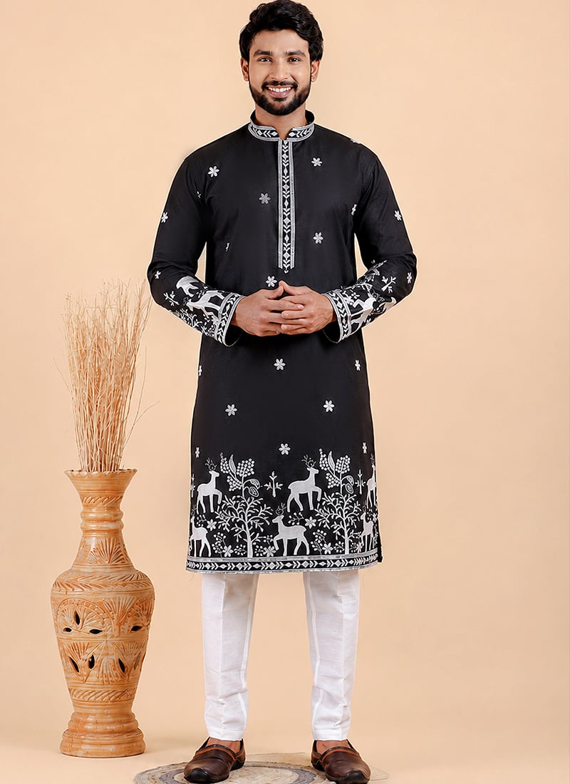 Black Viscose Silk Embroidered Kurta Pyjama For Men Festive Wear